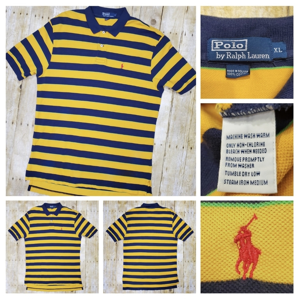 Polo Ralph Lauren Vintage Polo Shirt Men's XL Gold Navy Stripe With Red Pony EUC